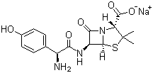 结构式 CAS# 34642-77-8, 阿莫西林钠; (2S,5R,6R)-3,3-二甲基-6-[(R)-(-)-2-氨基-2-(4-羟基苯基)乙酰氨基]-7-氧代-4-硫杂-1-氮杂双环[3.2.0]庚烷-2-甲酸钠