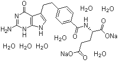 structure of CAS# 357166-29-1, Pemetrexed disodium hepthydrate;N-[4-[2-(2-Amino-4,7-dihydro-4-oxo-3H-pyrrolo[2,3-d]pyrimidin-5-yl)ethyl]benzoyl]-L-glutamic acid  disodium salt hydrate