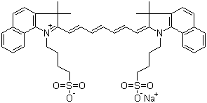 structure of CAS# 3599-32-4, Indocyanine Green;IR-125; Sodium 2-(7-(3,3-dimethyl-1-(4-sulfonatobutyl)benz(e)indolin-2-ylidene)hepta-1,3,5-trien-1-yl)-3,3-dimethyl-1-(4-sulfonatobutyl)benz[e]indolinium
