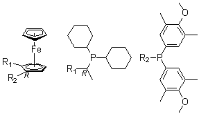 结构式 CAS# 360048-63-1, (1R)-1-[二(4-甲氧基-3,5-二甲基苯基)膦基]-2-[(1R)-1-(二环己基膦基)乙基]二茂铁