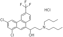 structure of CAS# 36167-63-2, Halofantrine hydrochloride;1,3-Dichloro-alpha-[2-(dibutylamino)ethyl]-6- (trifluoromethyl)-9-phenathrenemethanol hydrochloride