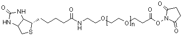结构式 CAS# 365441-71-0, alpha-[3-[(2,5-二氧代-1-吡咯烷基)氧基]-3-氧代丙基]-omega-[2-[[5-[(3aS,4S,6aR)-六氢-2-氧代-1H-噻吩并[3,4-d]咪唑-4-基]-1-氧代戊基]氨基]乙氧基]聚(氧乙烯)