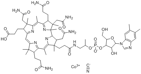 structure of CAS# 38218-55-2, Cyanocobalamin-d-carboxylic acid;cobalt(3+) [5-(5,6-dimethylbenzimidazol-1-yl)-4-hydroxy-2-(hydroxymethyl)oxolan-3-yl] 1-[3-[(4Z,9Z,14Z)-2,13,18-tris(2-amino-2-oxoethyl)-7,17-bis(3-amino-3-oxopropyl)-12-(2-carboxyethyl)-3,5,8,8,13,15,18,19-octamethyl-2,7,12,17-tetrahydro-1H-corrin-21-id-3-yl]propanoylamino]propan-2-yl phosphate cyanide