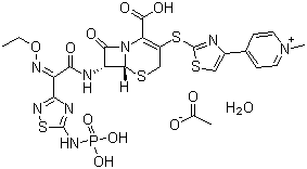 结构式 CAS# 400827-55-6, 4-[2-[[(6R,7R)-2-羧基-7-[[(2Z)-(乙氧基亚氨基)[5-(膦酰氨基)-1,2,4-噻二唑-3-基]乙酰基]氨基]-8-氧代-5-硫杂-1-氮杂双环[4.2.0]辛-2-烯-3-基]硫基]-4-噻唑基]-1-甲基吡啶鎓乙酸盐水合物