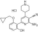 structure of CAS# 406209-26-5, 2-Amino-6-[2-(cyclopropylmethoxy)-6-hydroxyphenyl]-4-(4-piperidinyl)-3-pyridinecarbonitrile hydrochloride;Bayer IKK-beta inhibitor