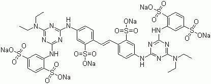 structure of CAS# 41098-56-0, Fluorescent Brightener 357;2,2'-(1,2-Ethenediyl)bis[5-[[4-(diethylamino)-6-[(2,5-disulfophenyl)amino]-1,3,5-triazin-2-yl]amino]benzenesulfonic acid] hexasodium salt; Hexasodium 2,2'-[vinylenebis[(3-sulphonato-4,1-phenylene)imino[6-(diethylamino)-1,3,5-triazine-4,2-diyl]imino]]bis(benzene-1,4-disulphonate); Kaycoll PK; Tinopal SCP; Tinopal STP
