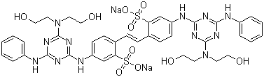structure of CAS# 4193-55-9, Fluorescent Brightener 28;Disodium 4,4'-bis[6-anilino-[4-[bis(2-hydroxyethyl)amino]-1,3,5-triazin-2-yl]amino]stilbene-2,2'-disulphonate