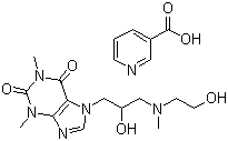 structure of CAS# 437-74-1, Xanthinol nicotinate;7-[2-Hydroxy-3-(2-hydroxyethyl-methyl-amino)propyl]-1,3-dimethyl-purine-2,6-dione pyridine-3-carboxylic acid