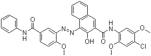 structure of CAS# 5280-68-2, Pigment Red 146;N-(4-Chloro-2,5-dimethoxyphenyl)-3-hydroxy-4-[[2-methoxy-5-[(phenylamino)carbonyl]phenyl]azo]naphthalene-2-carboxamide