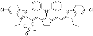 structure of CAS# 53655-17-7, 5,5'-Dichloro-11-diphenylamino-3,3'-diethyl-10,12-ethylenethiatricarbocyanine perchlorate;5-Chloro-2-[2-[3-[5-chloro-3-ethyl-2(3H)-benzothiazolylideneethylidene]-2-(diphenylamino)-1-cyclopenten-1-yl]etheny]-3-ethylbenzothiazolium perchlorate; IR-140