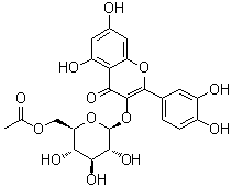 structure of CAS# 54542-51-7, Quercetin 3-O-(6'-O-acetyl)-beta-D-glucopyranoside;3,3',4',5,7-Pentahydroxyflavone 3-(6''-O-acetyl-beta-D-glucopyranoside); Quercetin 3-(6-O-acetyl-beta-glucoside); Quercetin 3-O-(6-O-acetyl-beta-D-glucopyranoside); Quercetin 3-O-(6-acetylglucoside); Quercetin 3-O-(6'-O-acetyl)-beta-D-glucopyranoside; Quercetin 3-O-(6''-O-acetyl)-beta-D-glucopyranoside