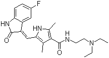 structure of CAS# 557795-19-4, Sunitinib;N-(2-(Diethylamino)ethyl)-5-((Z)-(5-fluoro-1,2-dihydro-2-oxo-3H-indol-3-ylidene)methyl)-2,4-dimethyl-1H-pyrrole-3-carboxamide