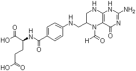 structure of CAS# 58-05-9, Folinic acid;Leucovorin; 5-Formyl-5,6,7,8-tetrahydrofolate; (2S)-2-[[4-[(2-Amino-5-formyl-4-oxo-1,6,7,8-tetrahydropteridin-6-yl)methylamino]benzoyl]amino]pentanedioic acid