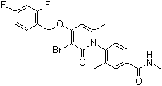 结构式 CAS# 586379-66-0, PH 797804; 3-溴-4-(2,4-二氟苄氧基)-1-[5-[(甲基氨基)羰基]-2-甲基苯基]-6-甲基吡啶-2(1H)-酮