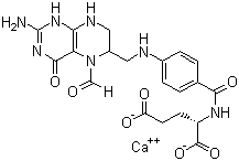 结构式 CAS# 6035-45-6, 亚叶酸钙; N-[4-[(2-氨基-5-甲酰基-4-氧代-1,6,7,8-四氢-6-蝶啶基)甲基]氨基]苯甲酰基-L-谷氨酸钙盐