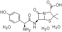 结构式 CAS# 61336-70-7, 阿莫西林三水物; 羟氨苄青霉素三水物; 6-[2-氨基-2-(4-羟基苯基)乙酰氨基]-3,3-二甲基-7-氧代-4-硫杂-1-氮杂双环[3.2.0]庚烷-2-甲酸三水物