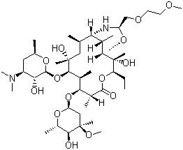 结构式 CAS# 62013-04-1, 地红霉素; [9S(R)]-9-脱氧-11-脱氧-9,11-[亚胺基[2-(2-甲氧基乙氧基)乙叉基]氧基]红霉素