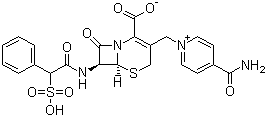 structure of CAS# 62587-73-9, Cefsulodin;(6R,7R)-3-[(4-Carbamoylpyridin-1-ium-1-yl)methyl]-8-oxo-7-[[(2R)-2-phenyl-2-sulfoacetyl]amino]-5-thia-1-azabicyclo[4.2.0]oct-2-ene-2-carboxylate