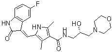 structure of CAS# 627908-92-3, SU 14813;5-[(5-Fluoro-1,2-dihydro-2-oxo-3H-indol-3-ylidene)methyl]-N-[(2S)-2-hydroxy-3-(4-morpholinyl)propyl]-2,4-dimethyl-1H-pyrrole-3-carboxamide