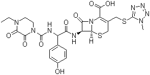 结构式 CAS# 62893-19-0, 头孢哌酮; 头孢哌酮酸; (6R,7R)-3-[[(1-甲基-1H-四唑-5-基)硫]甲基]-7-[(R)-2-(4-乙基-2,3-二氧代-1-哌嗪甲酰氨基)-2-对羟基苯基-乙酰氨基]-8-氧代-5-硫杂-1-氮杂双环[4.2.0]辛-2-烯-2-甲酸