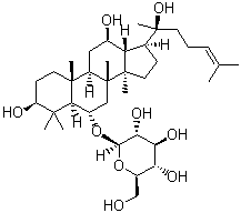 structure of CAS# 63223-86-9, Ginsenoside Rh1;(3beta,6alpha,12beta)-3,12,20-Trihydroxydammar-24-en-6-yl beta-D-glucopyranoside; Sanchinoside Rh1