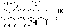 结构式 CAS# 64-72-2, 盐酸金霉素; 6-甲基-4-(二甲氨基)-3,6,10,12,12a-五羟基-1,11-二氧代-7-氯-1,4,4a,5,5a,6,11,12a-八氢-2-并四苯甲酰胺盐酸盐