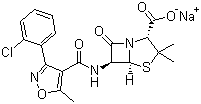结构式 CAS# 642-78-4, 氯唑西林钠; (2S;5R;6R)-3,3-二甲基-6-[5-甲基-3-(2-氯苯基)-4-异恶唑甲酰氨基]-7-氧代-4-硫杂-1-氮杂双环[3.2.0]庚烷-2-甲酸钠盐