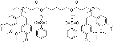 structure of CAS# 64228-81-5, Atracurium besylate ;2,2'-[1,5-Pentanediylbis[oxy(3-oxo-3,1-propanediyl)]]bis[1-[(3,4-dimethoxyphenyl)methyl]-1,2,3,4-tetrahydro-6,7-dimethoxy-2-methyl-isoquinolinium dibenzenesulfonate; Tracrium