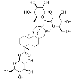 structure of CAS# 64432-06-0, Dulcoside A;(4alpha)-13-[[2-O-(6-deoxy-alpha-L-mannopyranosyl)-beta-D-glucopyranosyl]oxy]-Kaur-16-en-18-oic acid beta-D-glucopyranosyl ester
