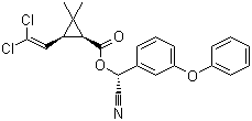 structure of CAS# 67375-30-8, alpha-Cypermethrin;(R)-Cyano-3-phenoxybenzyl (1S,3S)-rel-3-(2,2-dichlorovinyl)-2,2-dimethylcyclopropane carboxylate; Alphacypermethrin; Alphaguard; Alphamethrin