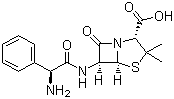 structure of CAS# 69-53-4, Ampicillin;(2S,5R,6R)-6-[(R)-2-Amino-2-phenylacetamido]-3,3-dimethyl-7-oxo-4-thia-1-azabicyclo[3.2.0]heptane-2-carboxylic acid; D-(-)-alpha-Aminobenzylpenicillin