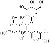 结构式 CAS# 6906-39-4, 葡糖基芍药色素; 3-(beta-D-吡喃葡萄糖基氧基)-5,7-二羟基-2-(4-羟基-3-甲氧苯基)-1-苯并吡喃氯化物
