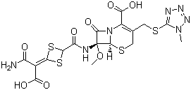 结构式 CAS# 69712-56-7, 头孢替坦酸; (6R,7S)-7-[[4-(1-氨基-3-羟基-1,3-二氧代丙烷-2-基亚基)1,3-二硫杂环丁烷-2-甲酰]氨基]-7-甲氧基-3-[(1-甲基四唑-5-基)硫甲基]-8-氧代-5-硫杂-1-氮杂双环[4.2.0]辛-2-烯-2-甲酸