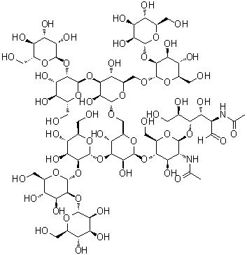 structure of CAS# 71246-55-4, O-alpha-D-Mannopyranosyl-(1→2)-O-alpha-D-mannopyranosyl-(1→3)-O-[O-alpha-D-mannopyranosyl-(1→2)-alpha-D-mannopyranosyl-(1→6)]-O-alpha-D-mannopyranosyl-(1→6)-O-[O-alpha-D-mannopyranosyl-(1→2)-O-alpha-D-mannopyranosyl-(1→2)-alpha-D-mannopyranosyl-(1→3)]-O-beta-D-mannopyranosyl-(1→4)-O-2-(acetylamino)-2-deoxy-beta-D-glucopyranosyl-(1→4)-2-(acetylamino)-2-deoxy-D-glucose