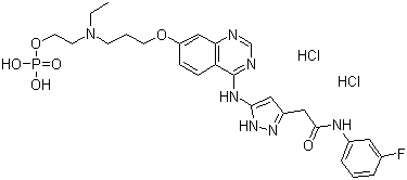 structure of CAS# 722543-50-2, 5-[[7-[3-[Ethyl[2-(phosphonooxy)ethyl]amino]propoxy]-4-quinazolinyl]amino]-N-(3-fluorophenyl)-1H-pyrazole-3-acetamide dihydrochloride