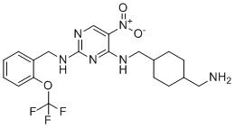 structure of CAS# 736048-65-0, PKC-theta inhibitor;4-N-[[4-(aminomethyl)cyclohexyl]methyl]-5-nitro-2-N-[[2-(trifluoromethoxy)phenyl]methyl]pyrimidine-2,4-diamine