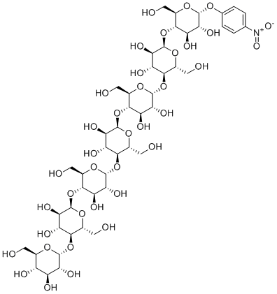 structure of CAS# 74173-31-2, 4-Nitrophenyl-alpha-D-maltoheptaoside;(2R,3R,4S,5S,6R)-2-[(2R,3S,4R,5R,6R)-6-[(2R,3S,4R,5R,6R)-6-[(2R,3S,4R,5R,6R)-6-[(2R,3S,4R,5R,6R)-6-[(2R,3S,4R,5R,6R)-6-[(2R,3S,4R,5R,6R)-4,5-dihydroxy-2-(hydroxymethyl)-6-(4-nitrophenoxy)oxan-3-yl]oxy-4,5-dihydroxy-2-(hydroxymethyl)oxan-3-yl]oxy-4,5-dihydroxy-2-(hydroxymethyl)oxan-3-yl]oxy-4,5-dihydroxy-2-(hydroxymethyl)oxan-3-yl]oxy-4,5-dihydroxy-2-(hydroxymethyl)oxan-3-yl]oxy-4,5-dihydroxy-2-(hydroxymethyl)oxan-3-yl]oxy-6-(hydroxymethyl)oxane-3,4,5-triol