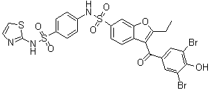 structure of CAS# 765317-72-4, 3-(3,5-Dibromo-4-hydroxybenzoyl)-2-ethyl-N-[4-[(2-thiazolylamino)sulfonyl]phenyl]-6-benzofuransulfonamide;1T4J