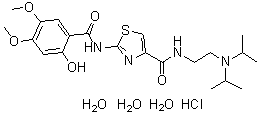 structure of CAS# 773092-05-0, Acotiamide hydrochloride trihydrate;N-[2-[Bis(1-methylethyl)amino]ethyl]-2-[(2-hydroxy-4,5-dimethoxybenzoyl)amino]-4-thiazolecarboxamide monohydrochloride trihydrate; Acofide trihydrate