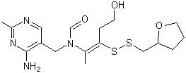 结构式 CAS# 804-30-8, 呋喃硫胺; N-[(4-氨基-2-甲基-5-嘧啶基)-甲基]-N-{4-羟基-1-甲基-2-[(四氢呋喃甲基)二硫]-1-丁烯基}甲酰胺
