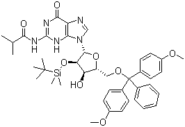 structure of CAS# 81279-39-2, 5'-O-[Bis(4-methoxyphenyl)phenylmethyl]-2'-O-[(tert-butyl)dimethylsilyl]-N-(2-methyl-1-oxopropyl)guanosine;N-[9-[(2R,3R,4R,5R)-5-[[bis(4-methoxyphenyl)-phenylmethoxy]methyl]-3-[tert-butyl(dimethyl)silyl]oxy-4-hydroxyoxolan-2-yl]-6-oxo-1H-purin-2-yl]-2-methylpropanamide