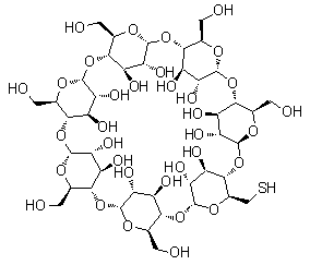 structure of CAS# 81644-55-5, Mono-6-mercapto-beta-cyclodextrin;6-Deoxy-6-mercapto-beta-cyclodextrin; 6-Deoxy-6-thiol-beta-cyclodextrin; 6-Monodeoxy-6-monothio-beta-cyclodextrin; Mono-6-deoxy-6-mercapto-beta-cyclodextrin