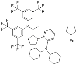 structure of CAS# 821009-34-1, (1S)-1-[(1R)-1-[bis[3,5-bis(trifluoromethyl)phenyl]phosphino]ethyl]-2-[2-(dicyclohexylphosphino)phenyl]-Ferrocene;bis[3,5-bis(trifluoromethyl)phenyl]-[1-[2-(2-dicyclohexylphosphanylphenyl)cyclopentyl]ethyl]phosphane cyclopentane iron