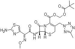 结构式 CAS# 82547-58-8, 头孢特仑新戊酯; 头孢特仑新戊酰氧甲酯; 2,2-二甲基丙酰氧基甲基 (6R,7R)-7-[(Z)-2-(2-氨基噻唑-4-基)-2-甲氧基亚氨乙酰氨基]-3-(5-甲基-2H-四唑-2-基甲基)-8-氧代-5-硫杂-1-氮杂双环[4.2.0]辛-2-烯-2-甲酸酯