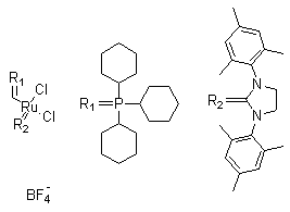 structure of CAS# 832146-68-6, [1,3-Bis(2,4,6-trimethylphenyl)-2-imidazolidinylidene]dichloro[(tricyclohexylphosphoranylidene)methyl]ruthenium tetrafluoroborate