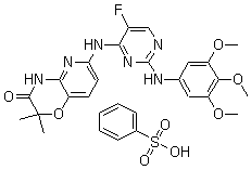 结构式 CAS# 841290-81-1, R 406; 6-[[5-氟-2-[(3,4,5-三甲氧基苯基)氨基]-4-嘧啶基]氨基]-2,2-二甲基-2H-吡啶并[3,2-b]-1,4-恶嗪-3(4H)-酮苯磺酸盐