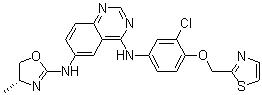 structure of CAS# 845272-21-1, ARRY 334543;(R)-4-[[3-Chloro-4-[(thiazol-2-yl)methoxy]phenyl]amino]-6-[(4-methyl-4,5-dihydrooxazol-2-yl)amino]quinazoline; Varlitinib
