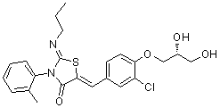 structure of CAS# 854107-55-4, Ponesimod;5-[3-Chloro-4-[((2R)-2,3-dihydroxypropyl)oxy]benz-(Z)-ylidene]-2-((Z)-propylimino)-3-(o-tolyl)thiazolidin-4-one; ACT 128800