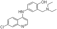 structure of CAS# 86-42-0, Amodiaquine;4-[(7-Chloro-4-quinolinyl)amino]-2-[(diethylamino)methyl]-phenol; 7-Chloro-4-(3-diethylaminomethyl-4-hydroxyanilino)quinoline