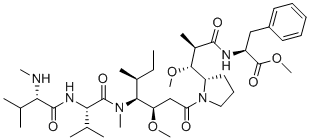 structure of CAS# 863971-12-4, MMAF-Ome;methyl (2S)-2-[[(2R,3R)-3-methoxy-3-[(2S)-1-[(3R,4S,5S)-3-methoxy-5-methyl-4-[methyl-[(2S)-3-methyl-2-[[(2S)-3-methyl-2-(methylamino)butanoyl]amino]butanoyl]amino]heptanoyl]pyrrolidin-2-yl]-2-methylpropanoyl]amino]-3-phenylpropanoate